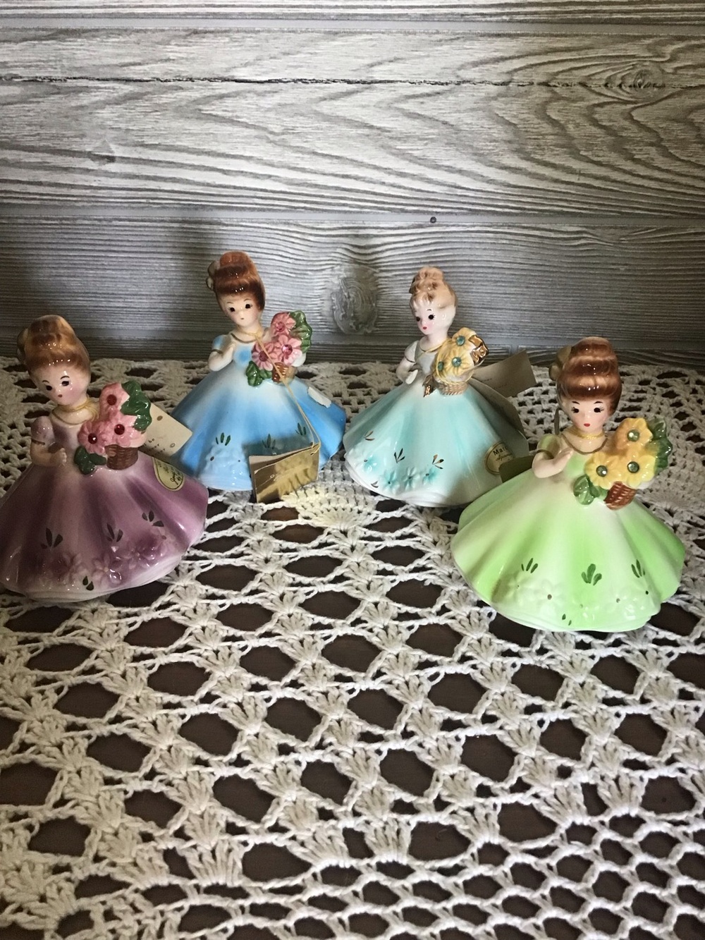 Vintage set of 4 Josef Original Ceramic Birthday Month Flower Girl Figurines -